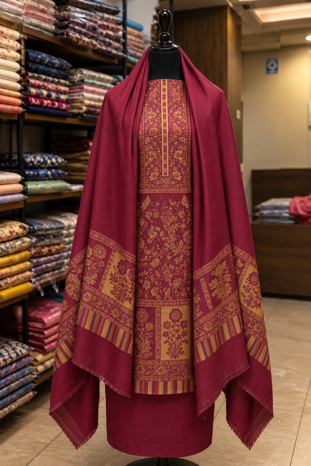 Maroon Premium Kashmiri Kani Pashmina 3-Piece Suit
