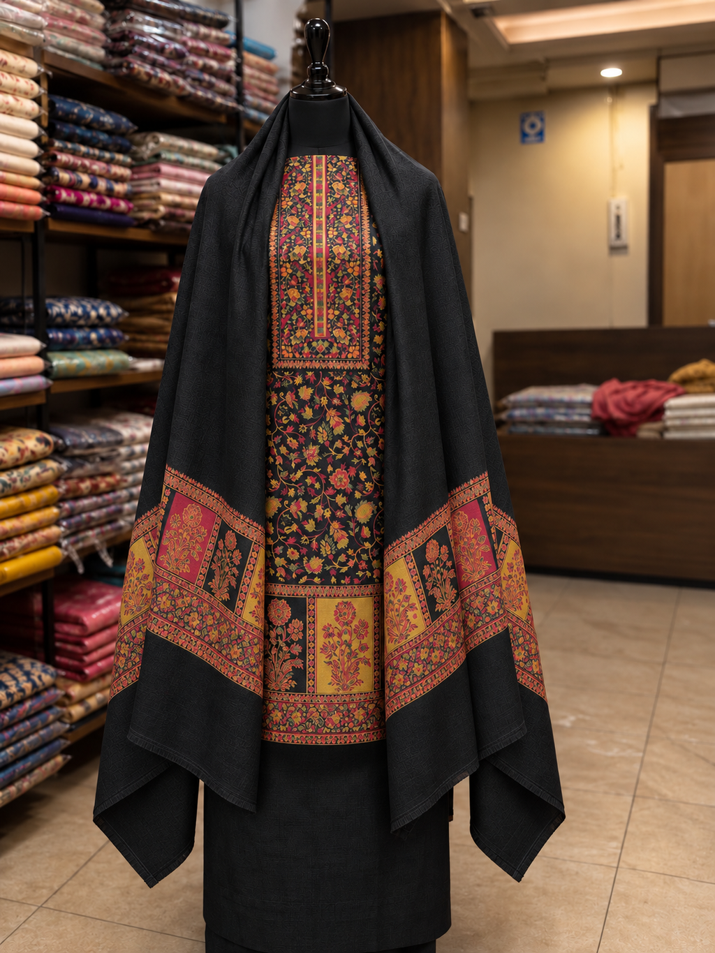 Black Premium Kashmiri Kani Pashmina 3-Piece Suit