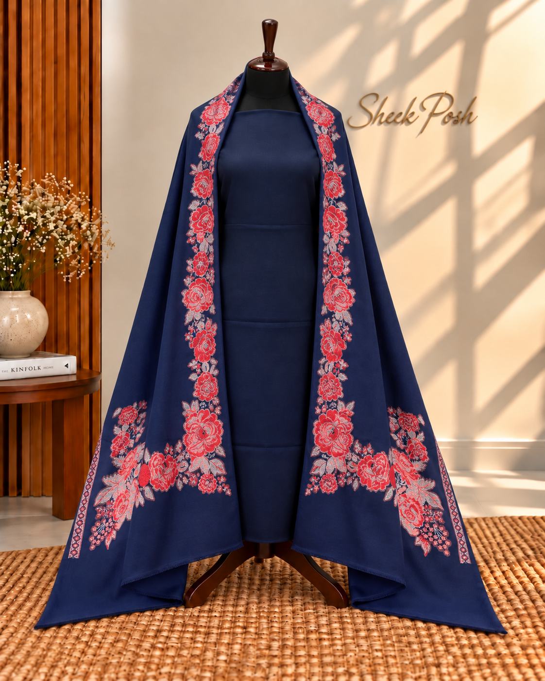 Navy Blue 3-Piece Plain Pashmina Suit with 4 Side Kani Floral Border Pashmina Shawl