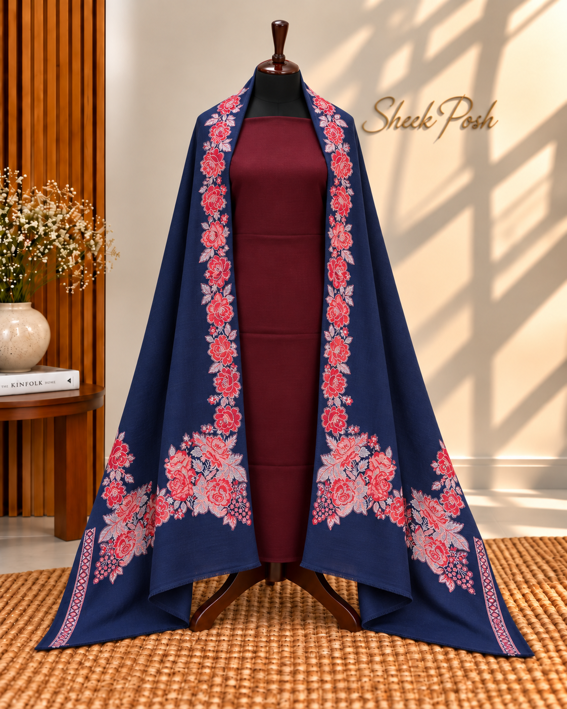Navy Blue with Maroon 3-Piece Plain Pashmina Suit with 4 Side Kani Floral Border Pashmina Shawl
