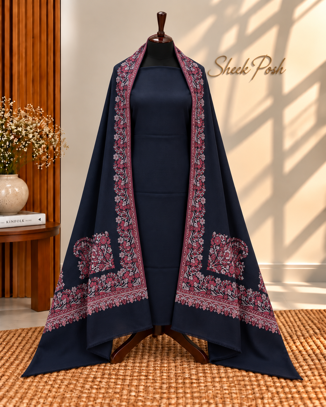 Black B4 3-Piece Plain Pashmina Suit with 4 Side Kani Floral Border Pashmina Shawl