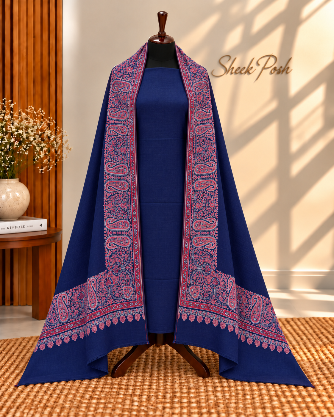 Blue 3-Piece Plain Pashmina Suit with 4 Side Kani Paisley Border Pashmina Shawl