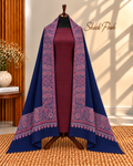 Blue with Maroon 3-Piece Plain Pashmina Suit with 4 Side Kani Paisley Border Pashmina Shawl