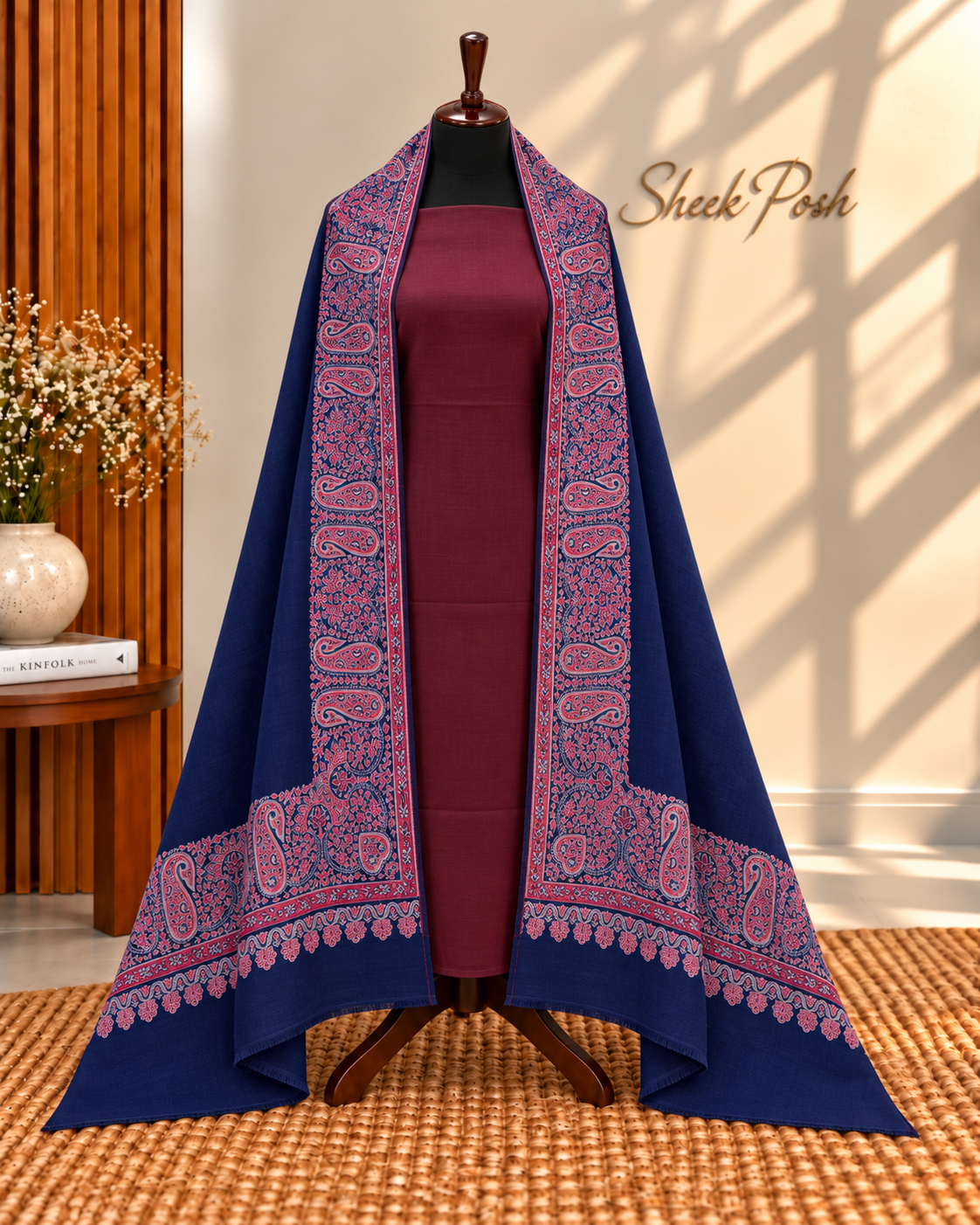 Blue with Maroon 3-Piece Plain Pashmina Suit with 4 Side Kani Paisley Border Pashmina Shawl