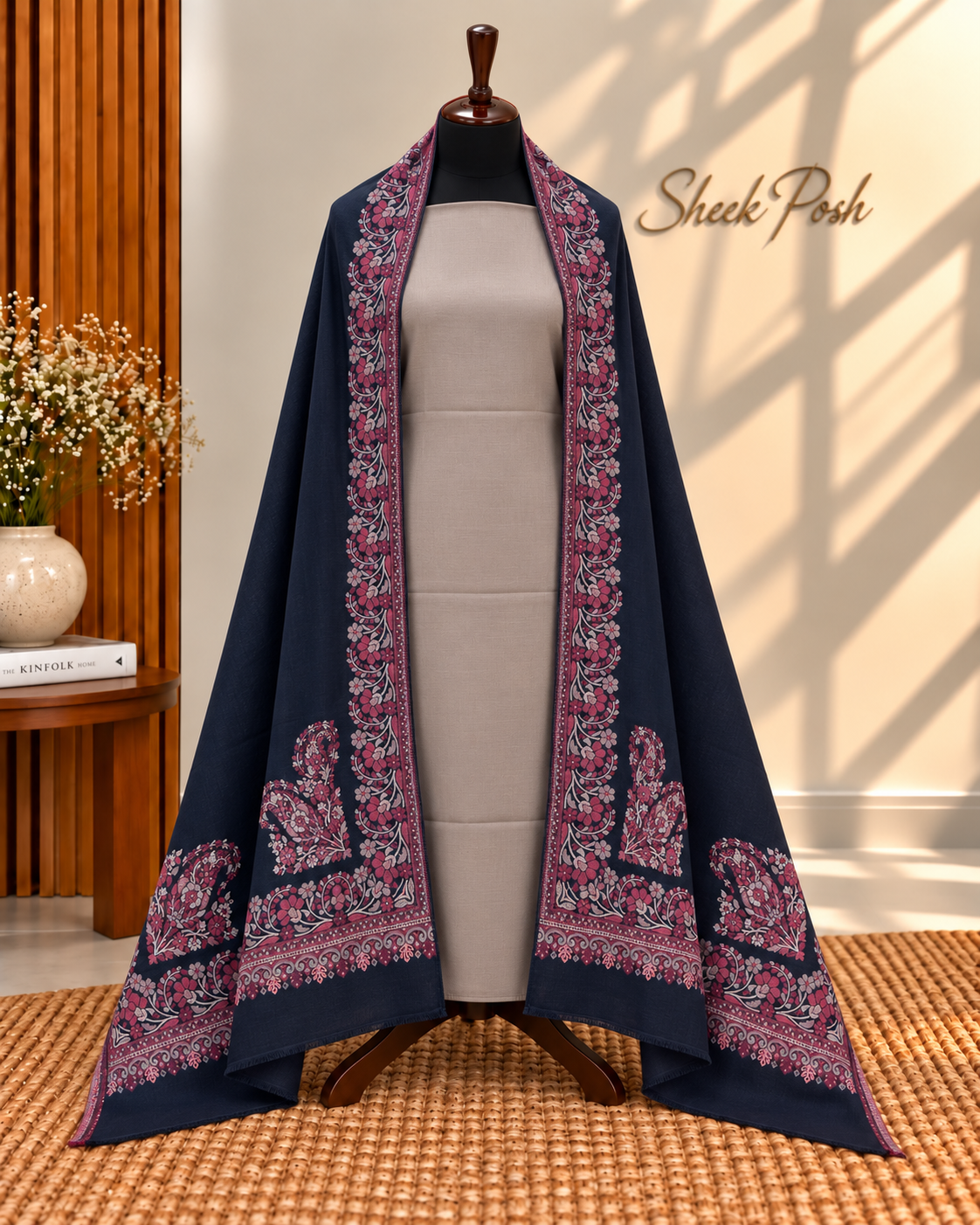 Black with Skin Grey 3-Piece Plain Pashmina Suit with 4 Side Kani Floral Border Pashmina Shawl