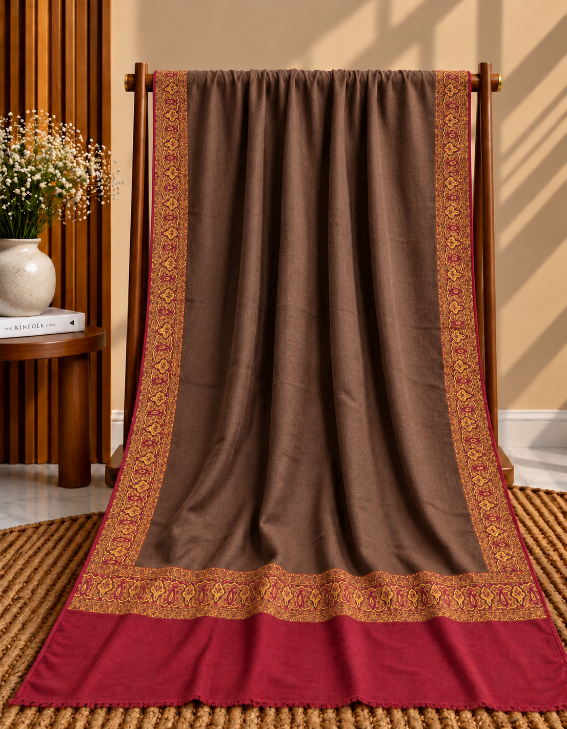 Choc Brown Kani Border Pashmina Shawl