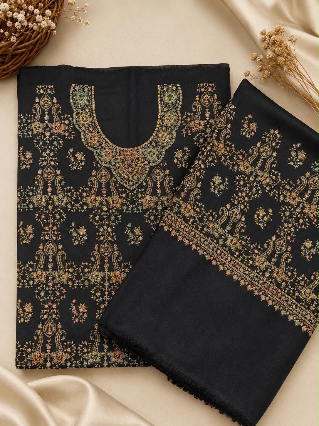 Kashmiri Pashmina Handmade Kacha Tanka Needle Work 3Pc Suit image 0