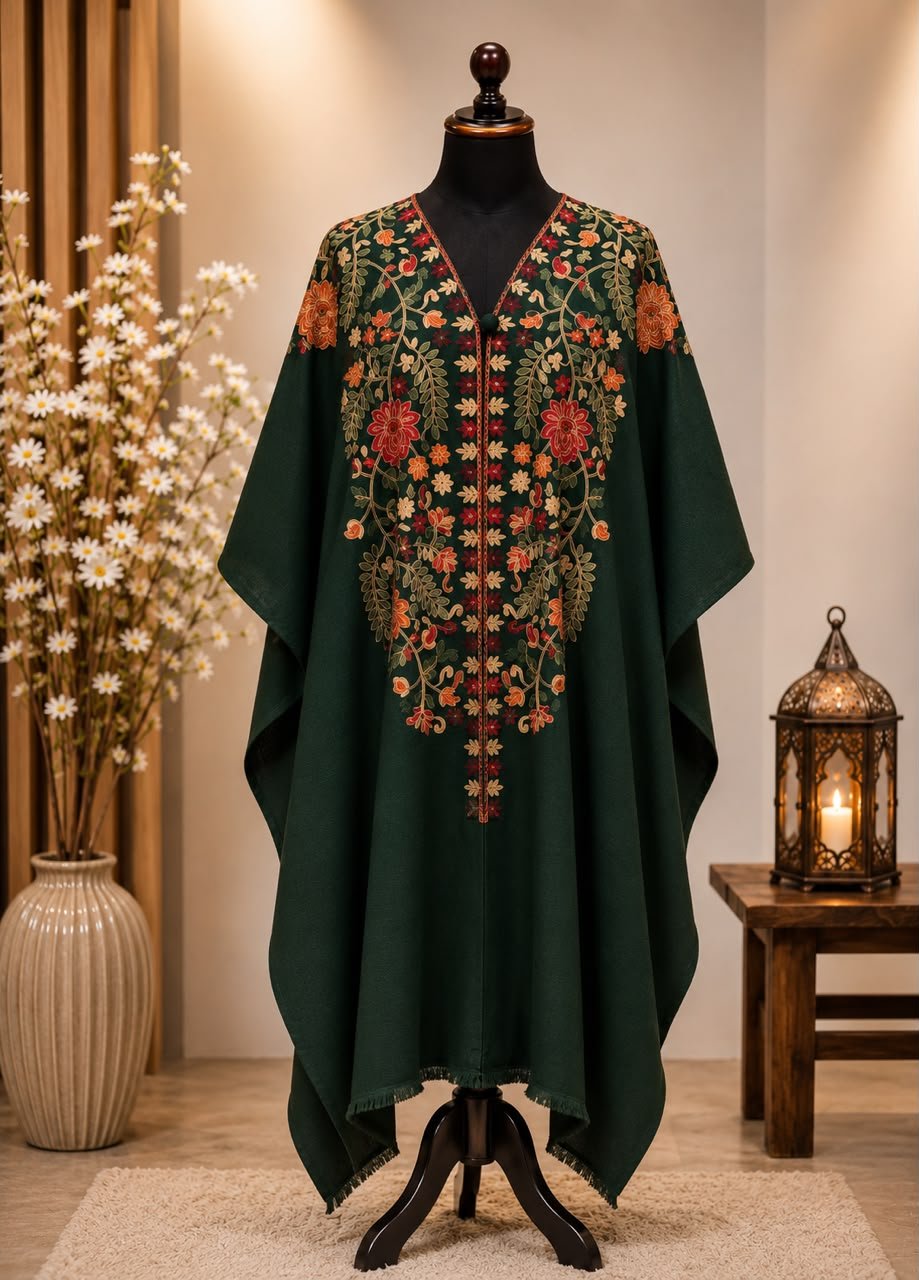 Dark Green Pashmina Kashmiri Embroidered Cape Shawl image 0