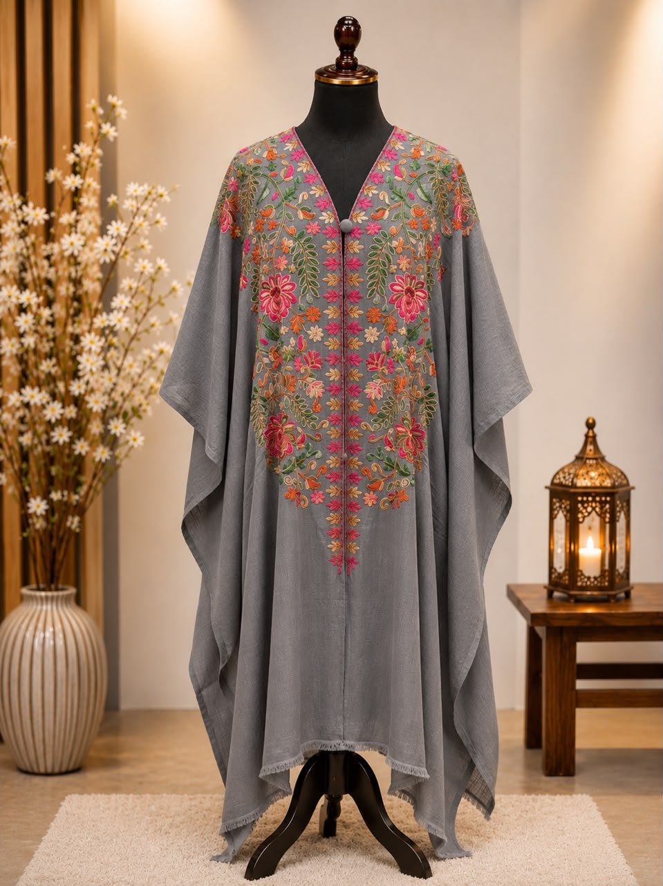Dark Grey Pashmina Kashmiri Embroidered Cape Shawl image 0