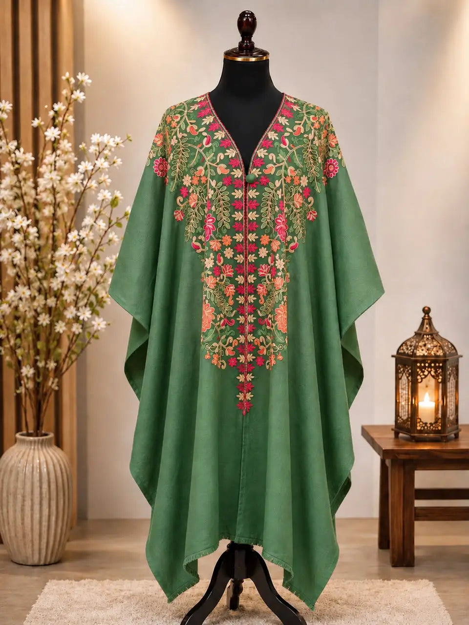 Mehandi Green Pashmina Kashmiri Embroidered Cape Shawl image 0