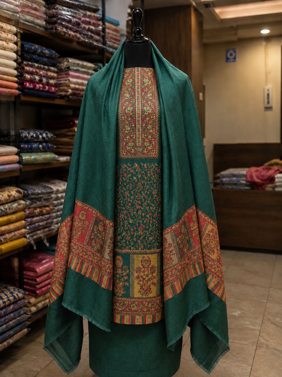 Bottle Green Premium Kashmiri Kani Pashmina 3Pc Suit image 0