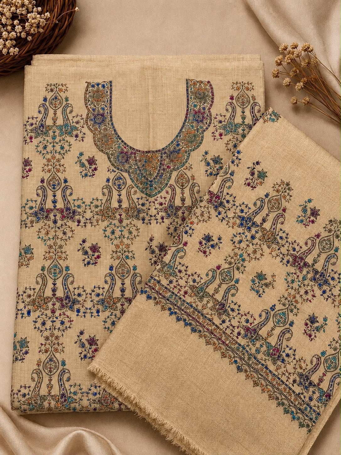 Kashmiri Pashmina Handmade Kacha Tanka Needle Work 3Pc Suit image 0