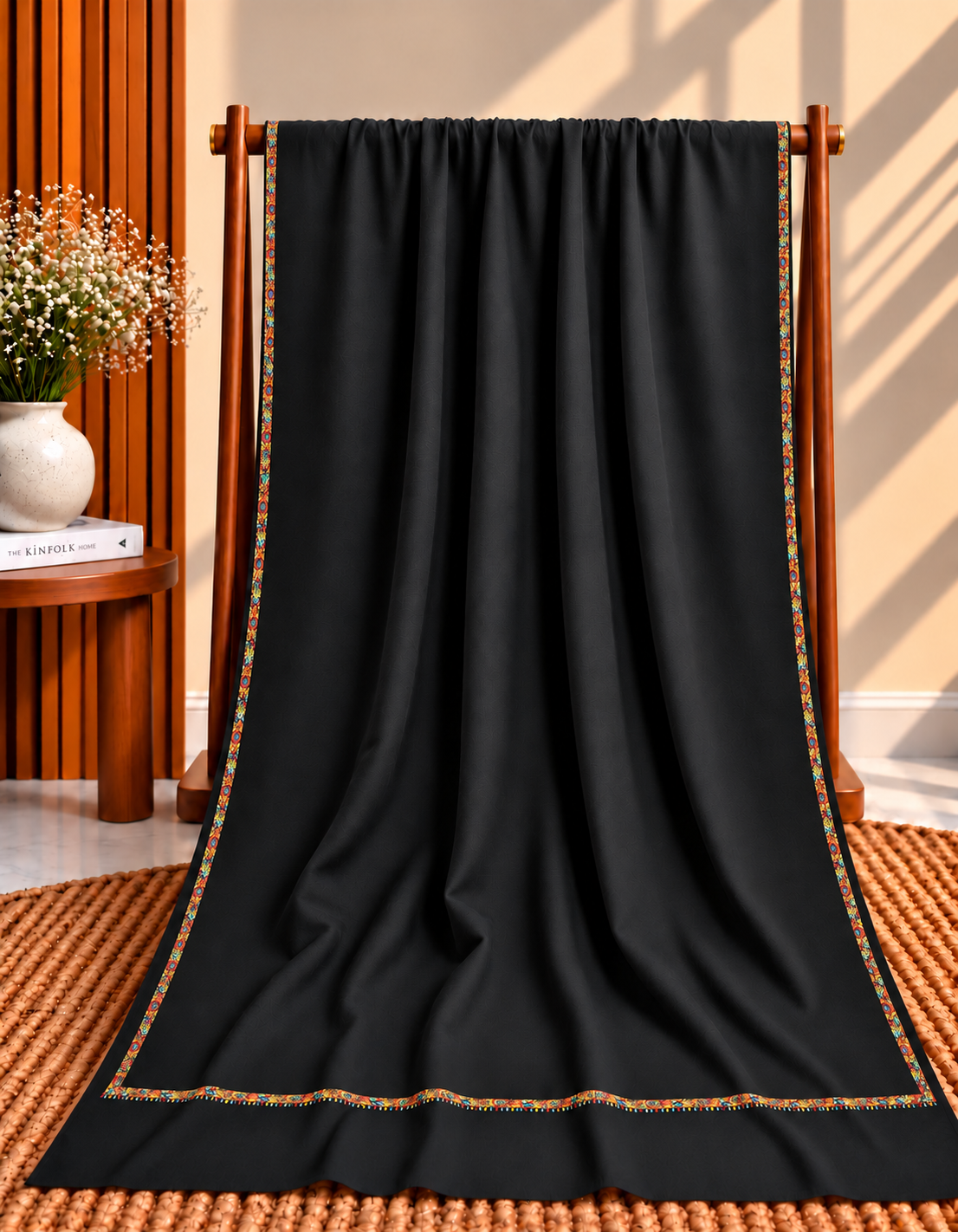 Black 4-Side Hashia Border Embroidered Pashmina Shawl