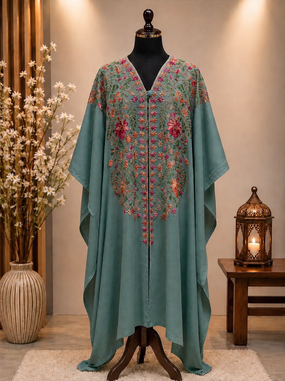 Pista Green Pashmina Kashmiri Embroidered Cape Shawl image 0